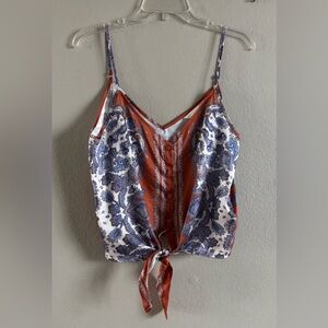 H&M Women's Cami Top Size 6 Satin Bohemian Colorful Orange V-Neck Tie Paisley